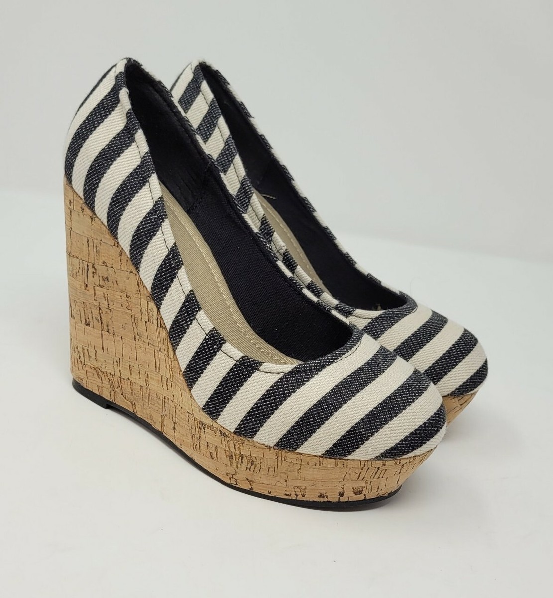 Zoey Black and Cream Fabric Striped Platform Wedge Heel Shoes