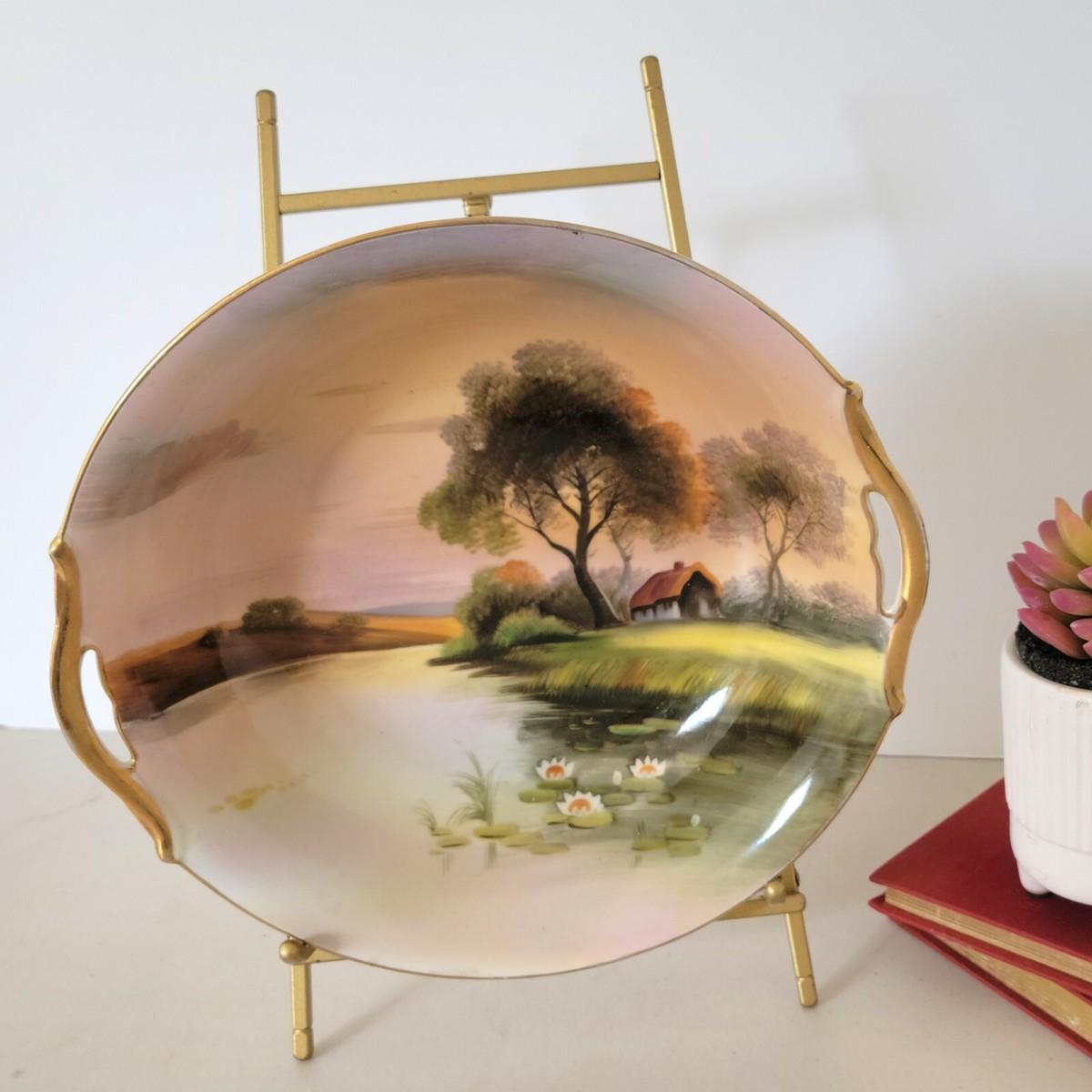 Noritake Nippon M-in-Wreath Bowl Hand Painted Landscape Scene Gold
