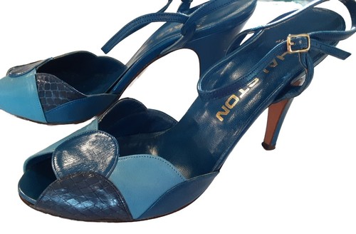 HALSTON VTG 70s Made Italy Shades Of Blue Leather Peeptoe Strappy Heels Sz 7 Wow - Picture 9 of 16