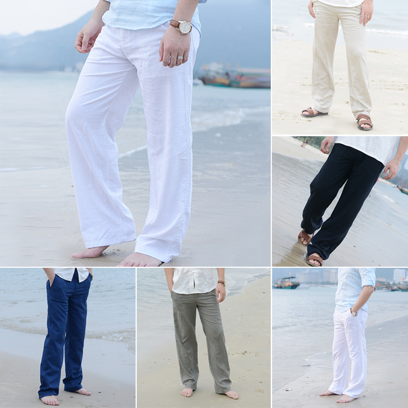 Men Linen Loose Pants Beach Drawstring Long Slacks Trousers