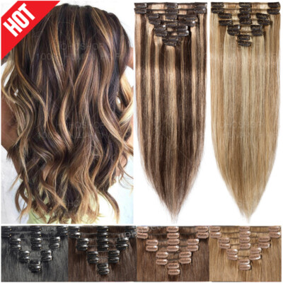 Balayage 8''-30'' Clip In Real Human Remy Hair Extensions Full Head 8 Pieces THICK