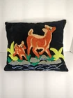 Vintage Punch Needle Pillow Deer And Fawn Black Velvet 15 X 12