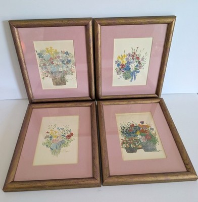 4 Lithograph Art Prints Eda Varricchio Flower Baskets Pink Framed Signed Set