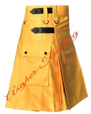 Scottish Handmade Yellow Utility Kilt, Real Leather Straps Custom Size Kilts