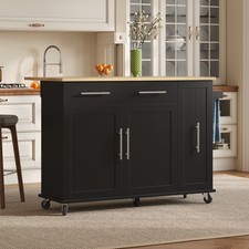 Kitchen Island on Wheels Trolley Drop Leaf Top 2 Drawers 3 Tier Organizer Black
