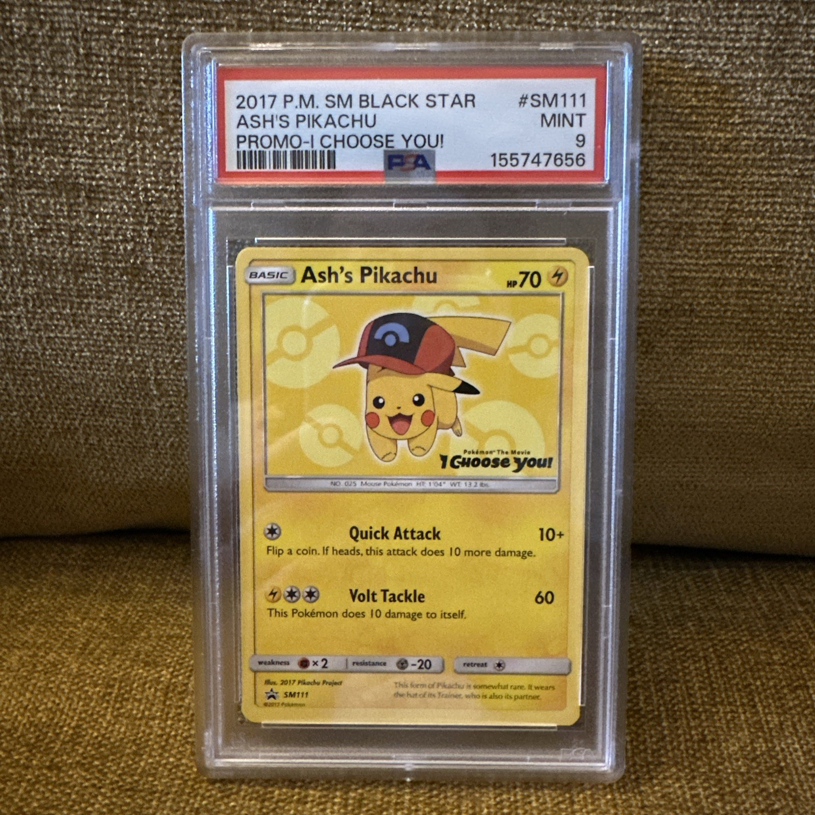 PSA 9 Ash's Pikachu SM111 Sun & Moon Black Star Promo I CHOOSE YOU! Pokemon 2017