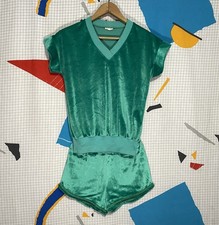 Vintage 70s Green Velour Shirt Shorts Set Velvet Mod GoGo Hot Pants Pin Up