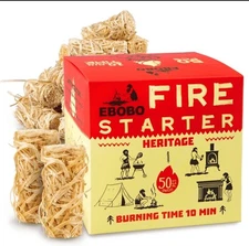 EBOBO 50 pcs Natural Fire Starters 10 Min Burn Time SEALED