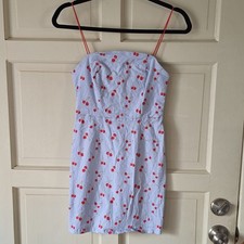 Urban Outfitters Light Blue Cherry Print Sweetheart Neck Strappy Mini Dress 0