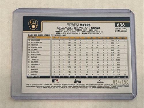 2025 Topps Series 2 Tobias Myers BLUE SANDGLITTER #d 054/150 Card 636 Brewers - Picture 2 of 3