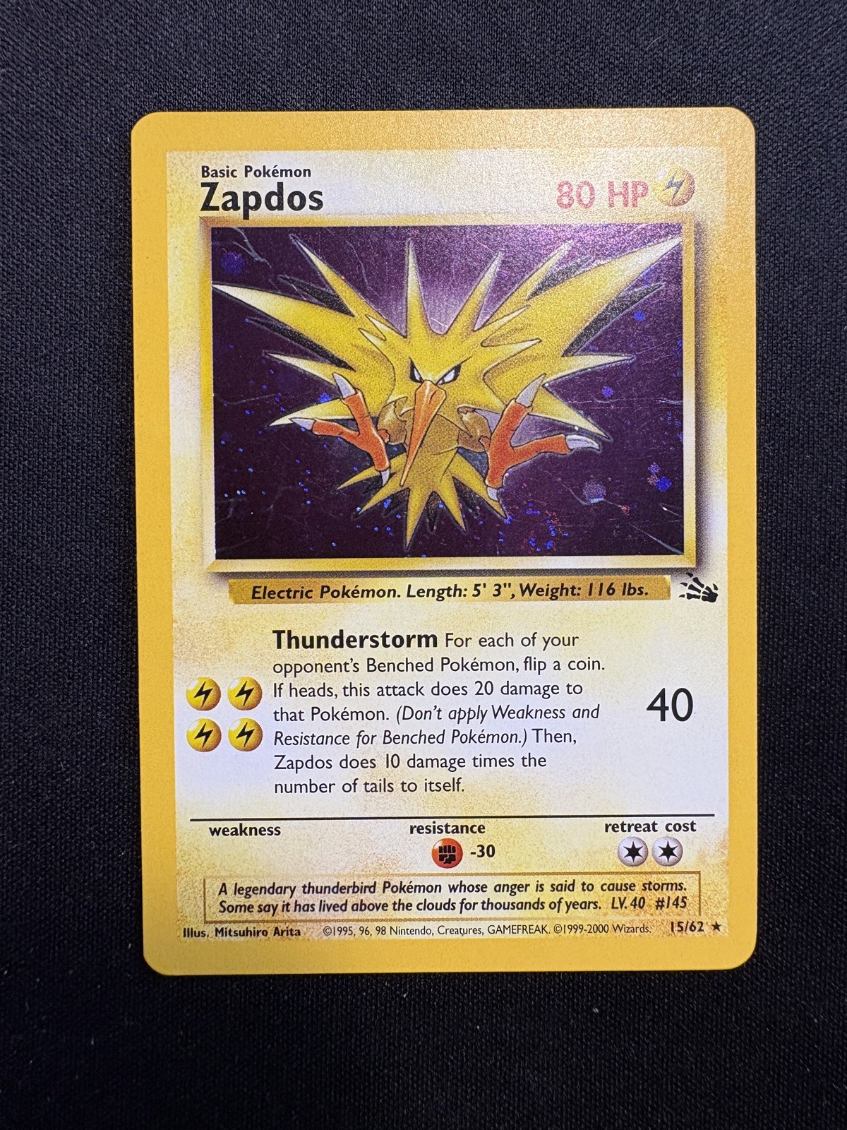 Pokemon Zapdos Fossil Rare Holo Card 15/62 NM/M Condition. WOTC Vintage 1999