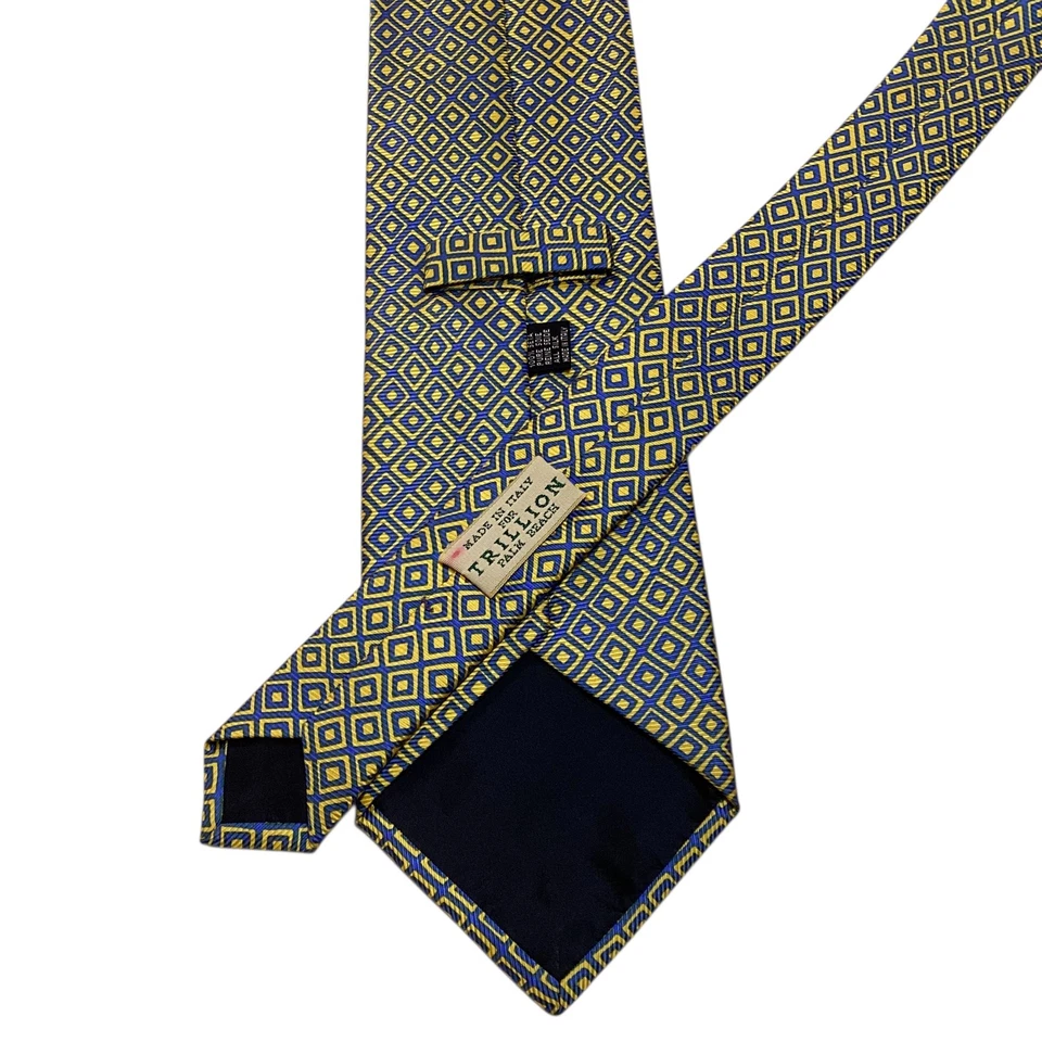 Corbata de seda para hombre TRILLION PALM BEACH ITALIA diseñador geométrico amarillo/azul usada en excelente estado Foto 3 de 3