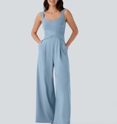 Halara U Back Sleeveless Casual Jumpsuit with Pockets Light Blue L Slimming NWT