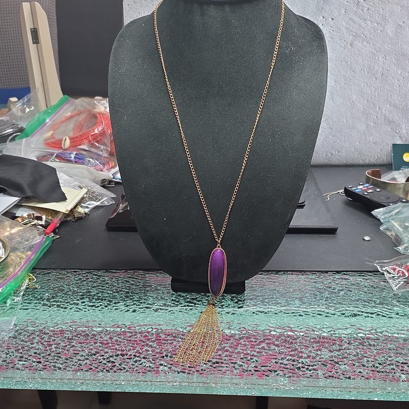 Gold Tone Cable Chain Necklace with Oval Purple Tassel Pendant & Lobster Clasp