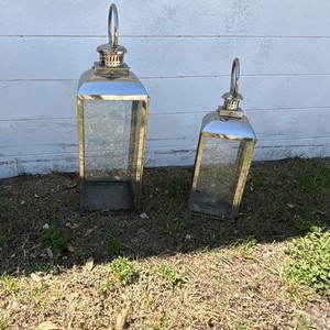 Modern Silver Metal Glass Lantern Set of 2 Rectangle Large Medium Freestanding