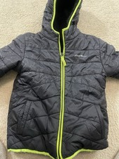 Eddie Bauer Boys Size S 7/8 Black Green Puffer Jacket Faux Fur Lined Hood Kid