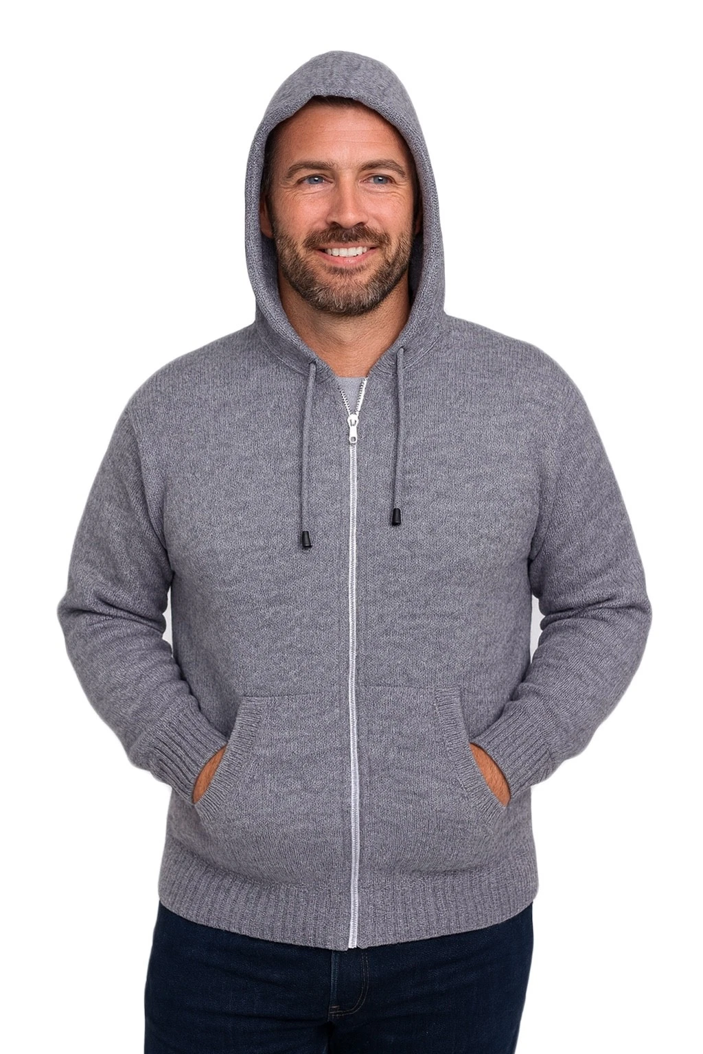 MEN HANDMADE ANDEAN ALPACA SOLID LIGHT GRAY ZIP HOODIE SWEATER SZ XL