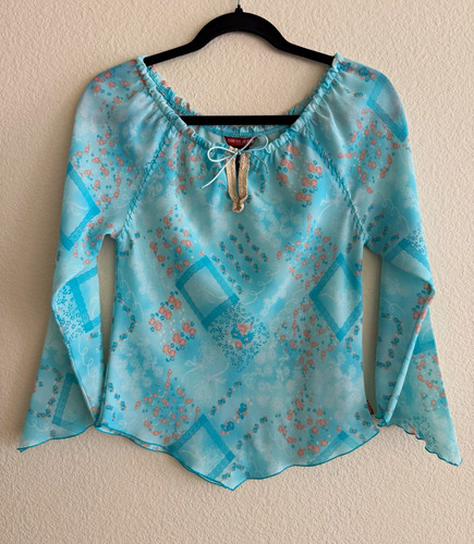 Vintage Y2K GUESS Jeans Girls L 14 Blue Floral Sheer Top Bell Sleeve Fairycore