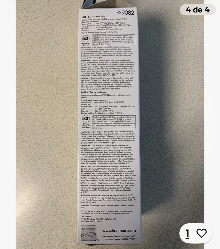 Kenmore Replacement Refrigerator Water Filter Genuine OEM 469082 46-9082 - Image 3 of 3