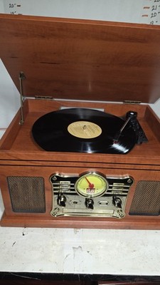 Vintage 7-in-1 Bluetooth Record Player with Built-In Speakers & Mahogany Finish