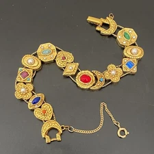 Vintage Unsigned Goldette Victorian Revival Sliding Charms 7.25” Bracelet 40g.