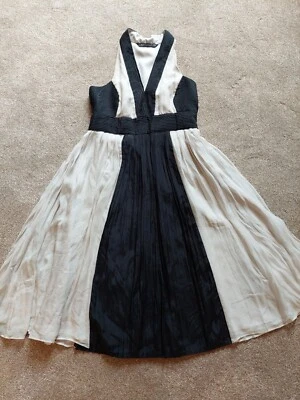 Zara Silk Cream & Black Pleated Fit & Flare Lined Dress.  Size S - Image 1 of 4