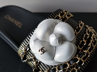 CHANEL TROPICONIC RARE ICONIC CHAIN CAMELLIA FLOWER SLIDES EU 39