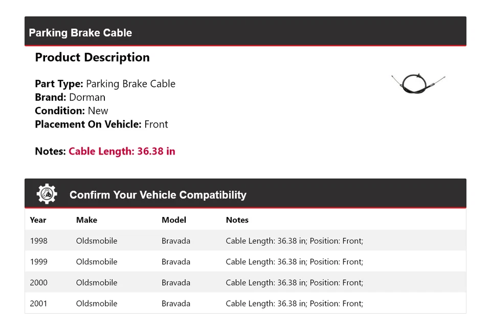 Cable de freno de estacionamiento delantero para Oldsmobile Bravada Dorman 1998-2001 1999 2000 Foto 2 de 4
