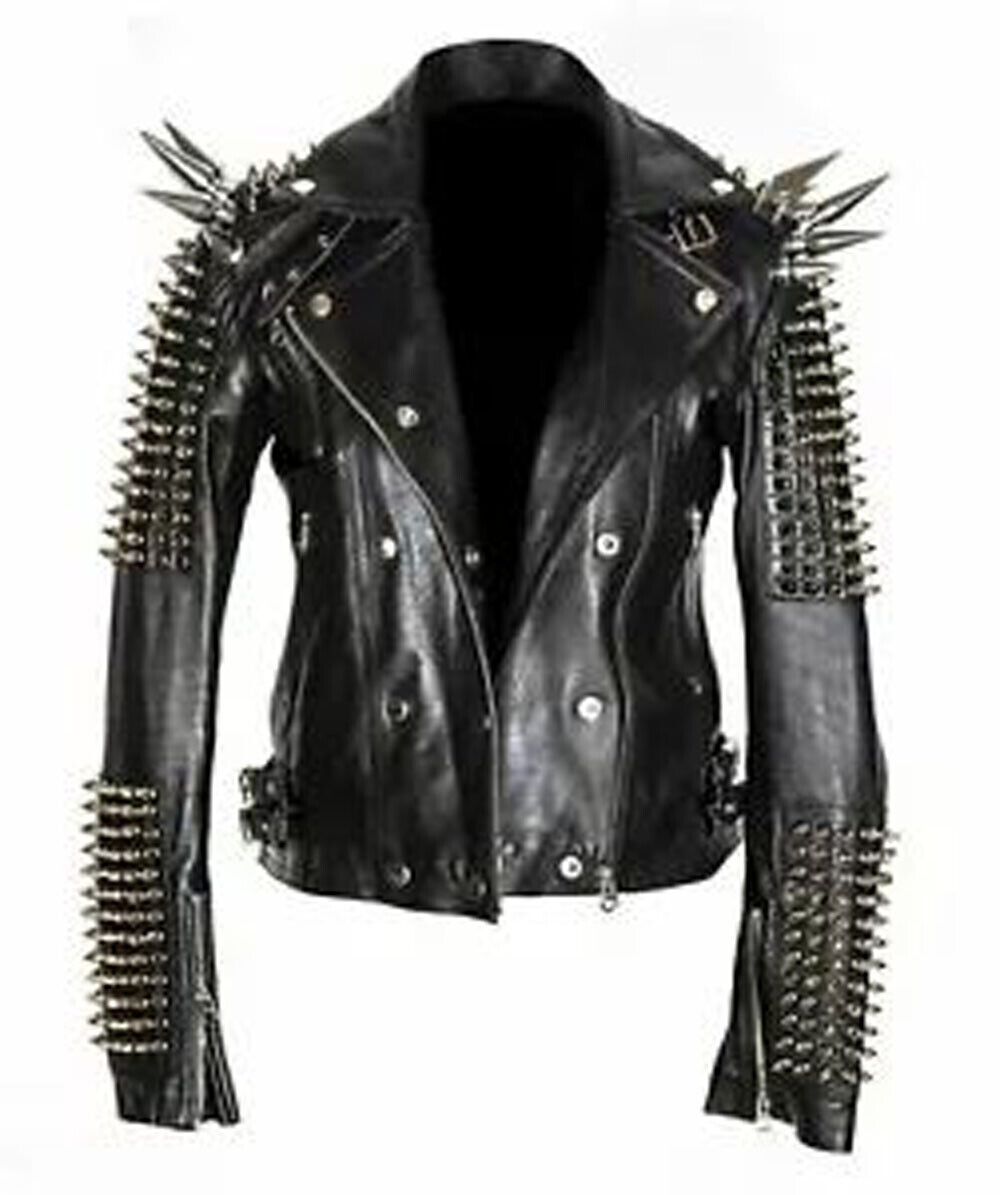 Real Black Leather Spike Jacket Studded Punk Style Cropped Jacket For Club wear eBay