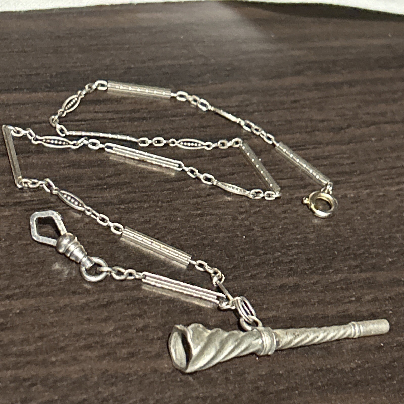 Vintage Pocket Watch Chain White Gold Filled Silver Tone Ridged Watch