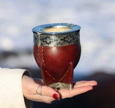 Taza/Mate Imperial Gourd High Quality + Alpaca Leg + Straw - Black/Brown leather