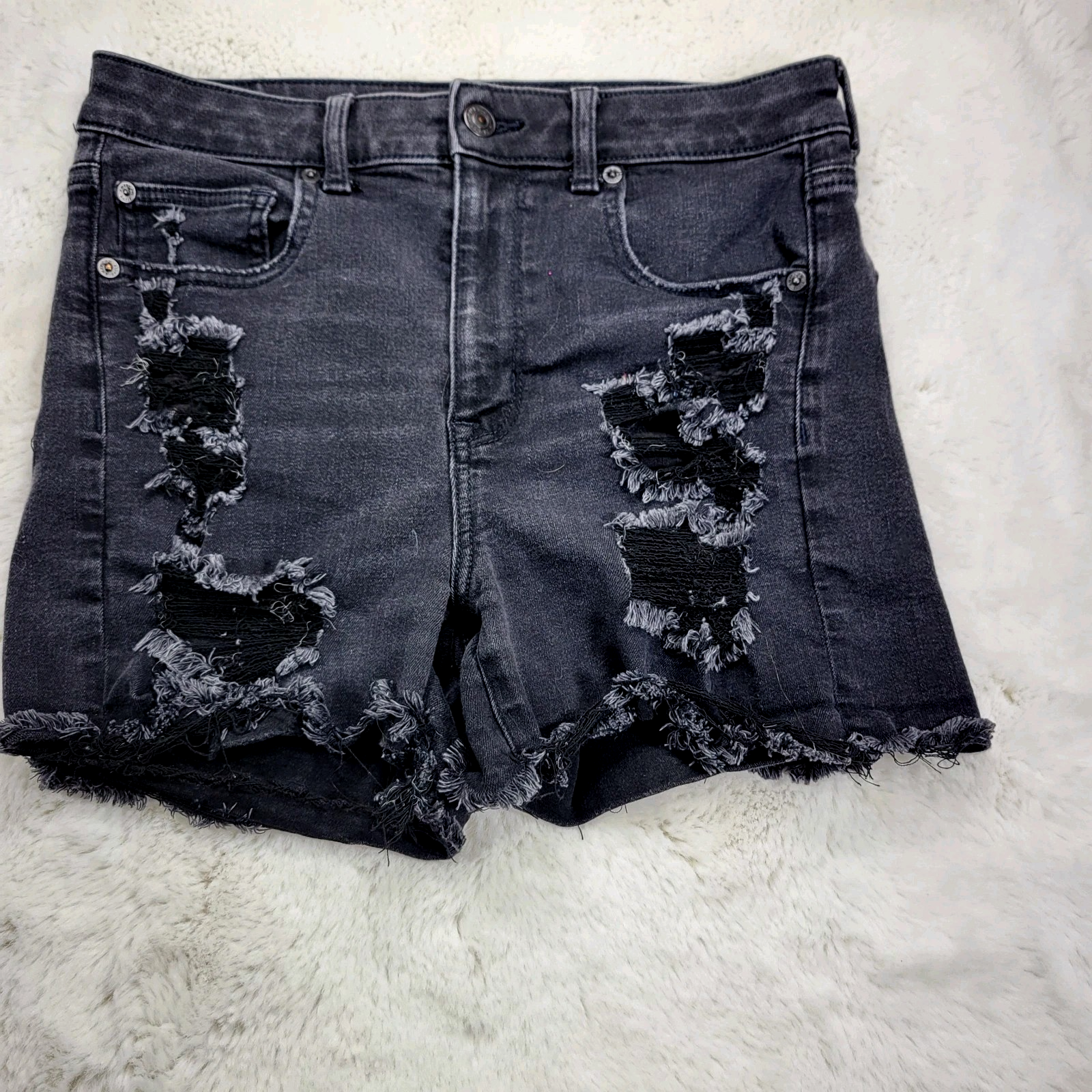 American Eagle Womens 6 Black Denim Distressed Hi-Rise Y2K Boho Shorts Pre-owned