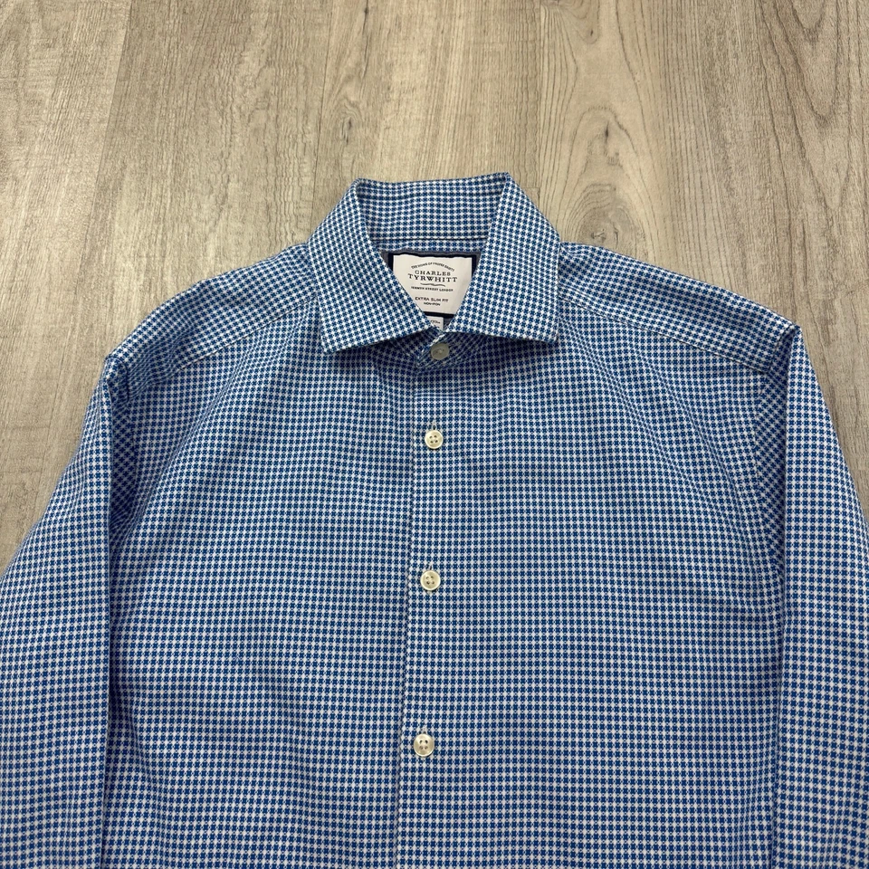 Camisa Charles Tyrwhitt Para Hombre 15.5 33 Azul Geométrico Cuadros Extra Ajustado Preppy Foto 3 de 4