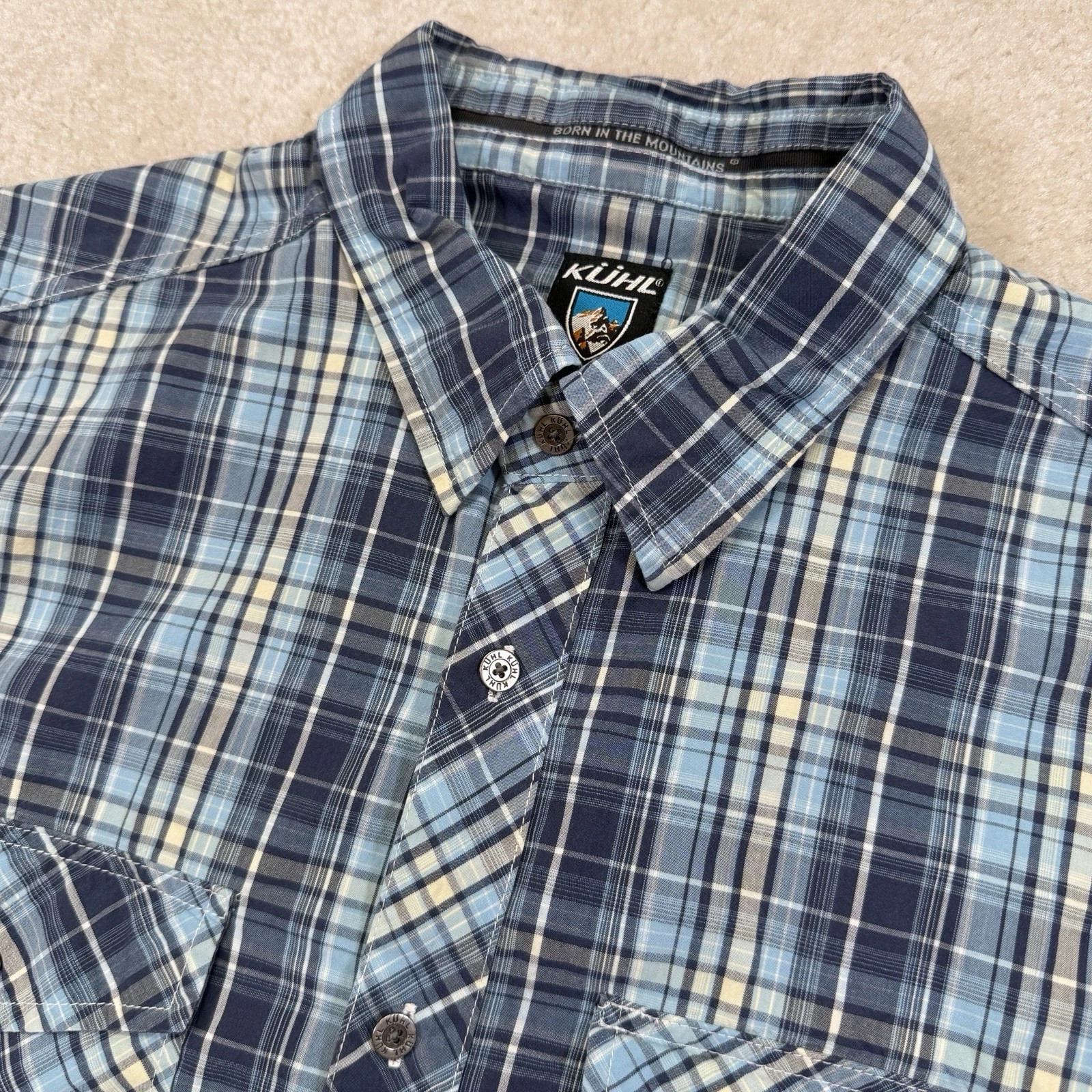 Kuhl Shirt Mens Large Blue Plaid Suncel Button Up Short Sleeve Hiking Active