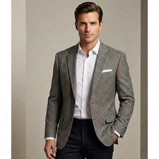 Jos A Bank Mens 46R Blazer Silk Wool Blend Houndstooth Sport Coat Grey Black