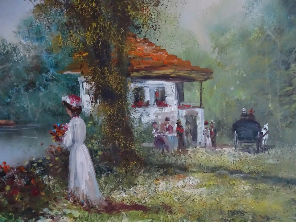 Madjid Ölgemälde Ölbild Holzrahm romantische Landschaft " junge Frau am See" - Bild 2 von 4