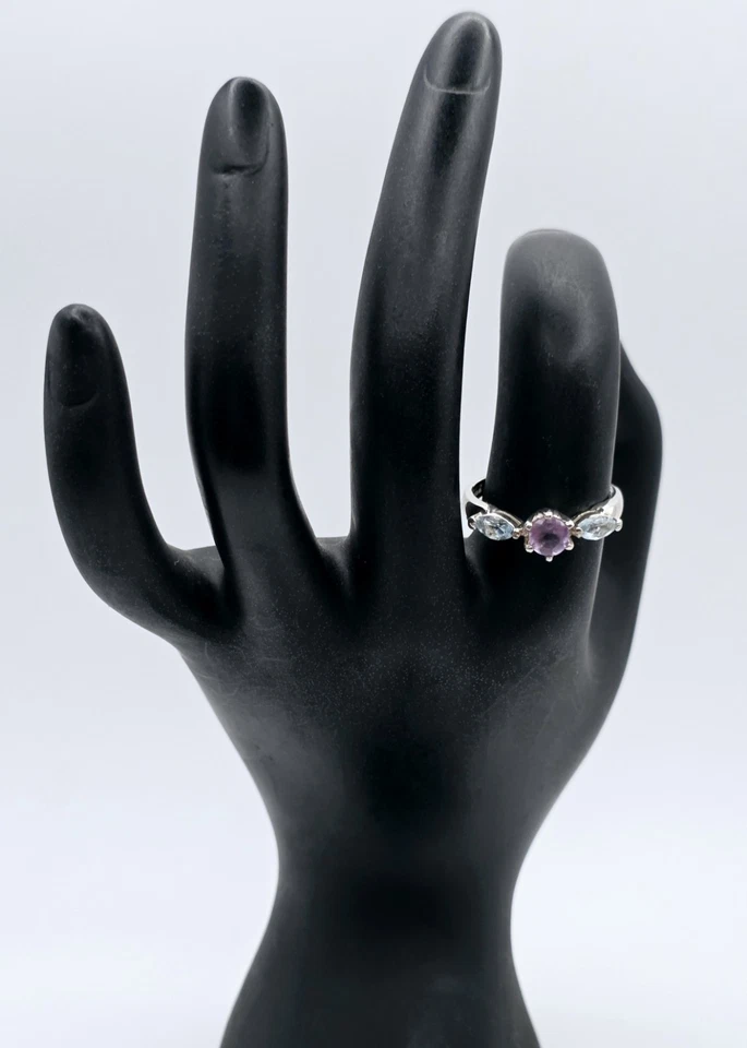 Anillo Vintage Plata Esterlina Amatista Aguamarina Talla 8.25 Floral Pastel Escarcha Foto 2 de 4