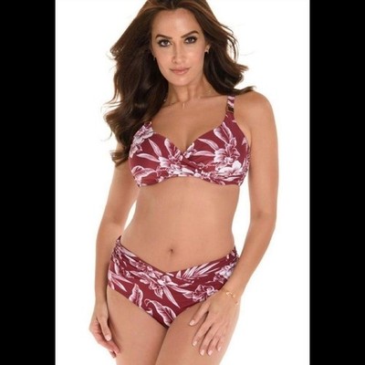 Sunsets Burgundy Floral Bikini Set Underwire Top 36E/34F/32G Small Bottoms