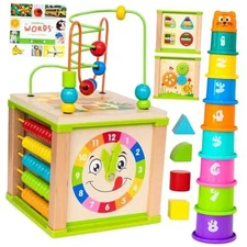 Wooden Kids Baby Activity Cube - Boys Gift Set | One 1, 2 Table-Top Size Blue