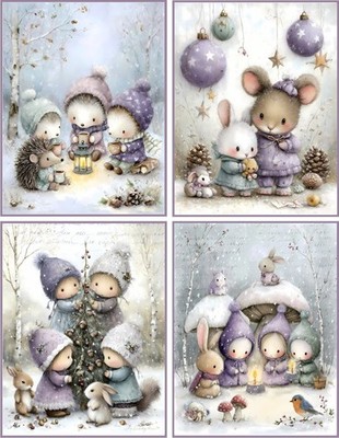 8 assorted Christmas Whimsical Woodland Animals glossy blank folded card set 1