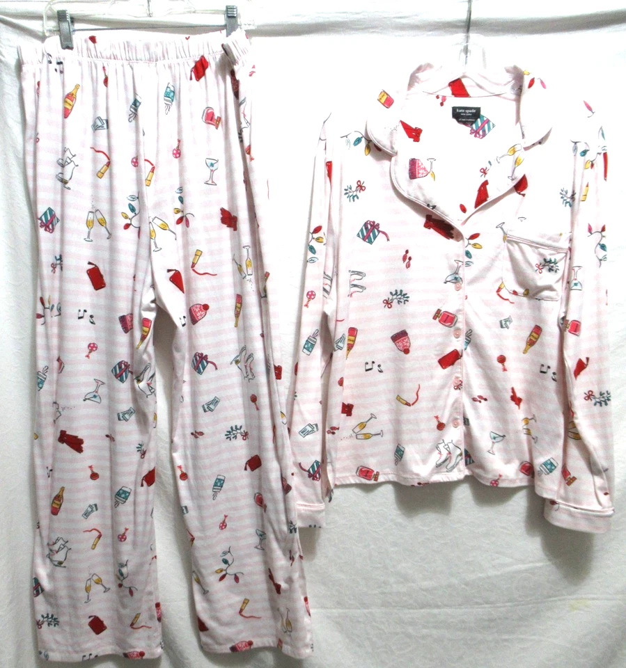 Juego de salón pijama Kate Spade XL rosa a rayas estampado navideño Foto 2 de 4
