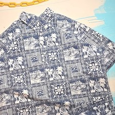 VTG Reyn Spooner XL Pullover Hawaiian Shirt Blue White Block Tailored Hawaii 90s