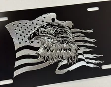 Engraved US USA Flag Eagle Patriotic Car Tag Diamond Etched Vanity License Plate