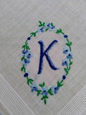 Vgt K Monogram Blue Embroidery On White Cotton Hankie Handkerchief