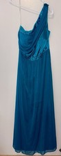 RSVP Teal Trishelle Satin Stoned One Shoulder Prom Party Wedding Gown NWT 14