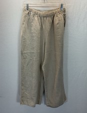 Flax Pants MD Tan Pull On Elastic Waist 100 Linen Wide Leg cropped Beach