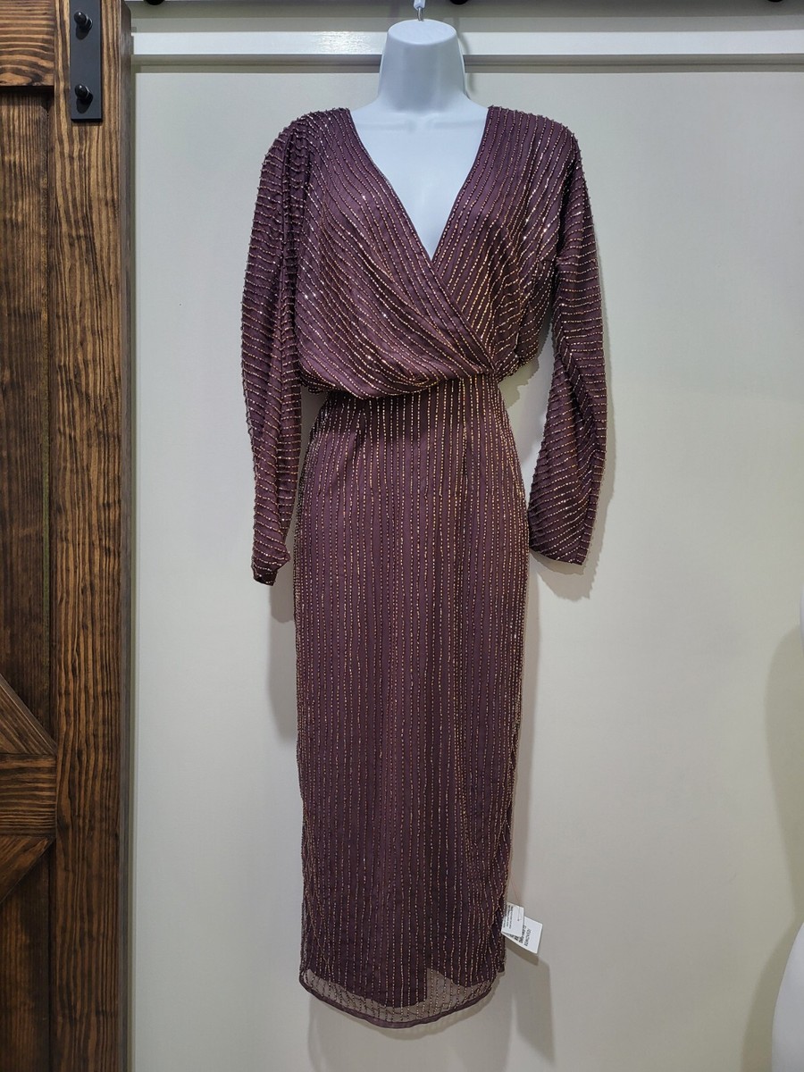 ASOS DESIGN gold linear embellished batwing midi dress in mauve - Main Image