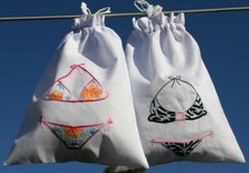 NEW Pretty Cotton Drawstring bag w/ hand embroidered Floral Bikini Only