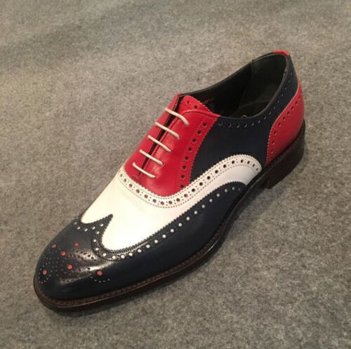 White Red Black Handmade Three Tone Wingtip Real Leather Lace Up Oxford Men Shoe - 第 1/3 張圖片
