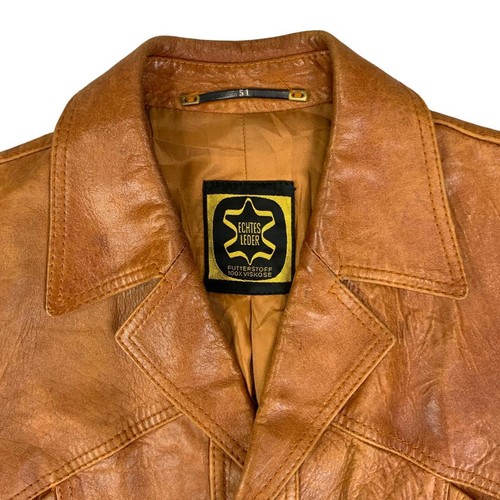VTG 70s TAN SOFT LEATHER LEATHER BUTTON DOWN JACKET BIG COLLARS MOD DISCO 41” M - Picture 2 of 9